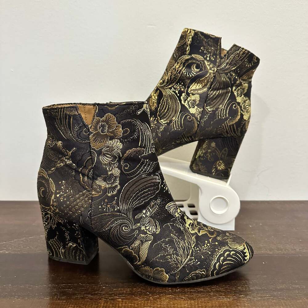 Franco Sarto Olympia Tapestry, Black and Gold Ankle Boots, US8.5, EU39
